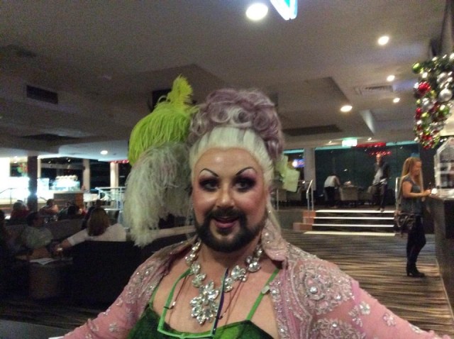 Portia at work on New Year's Eve, a.k.a Conchita-with-A-Bratwurst.